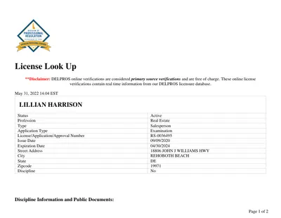 DELPROS License Look Up for RS-0036495 — Lillian Harrison, Salesperson, Active