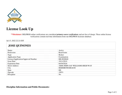 DELPROS License Look Up for RB-0020840 — Jose Quinones, Broker, Active