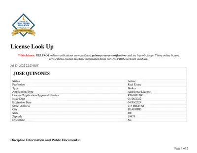 DELPROS License Look Up for RB-0031100 — Jose Quinones, Broker, Active