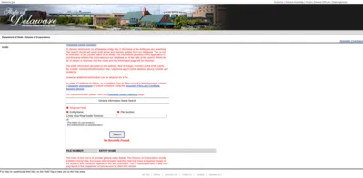 Delaware Division of Corporations entity name search for 'Linda Vista Real Estate Services' returning No Records Found