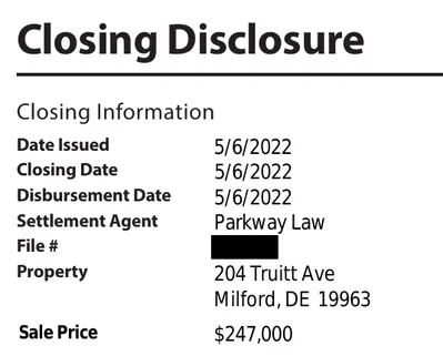 Closing Disclosure, page 1 excerpt, Closing Information table with property address 204 Truitt Ave, Milford, closing date, and settlement agent